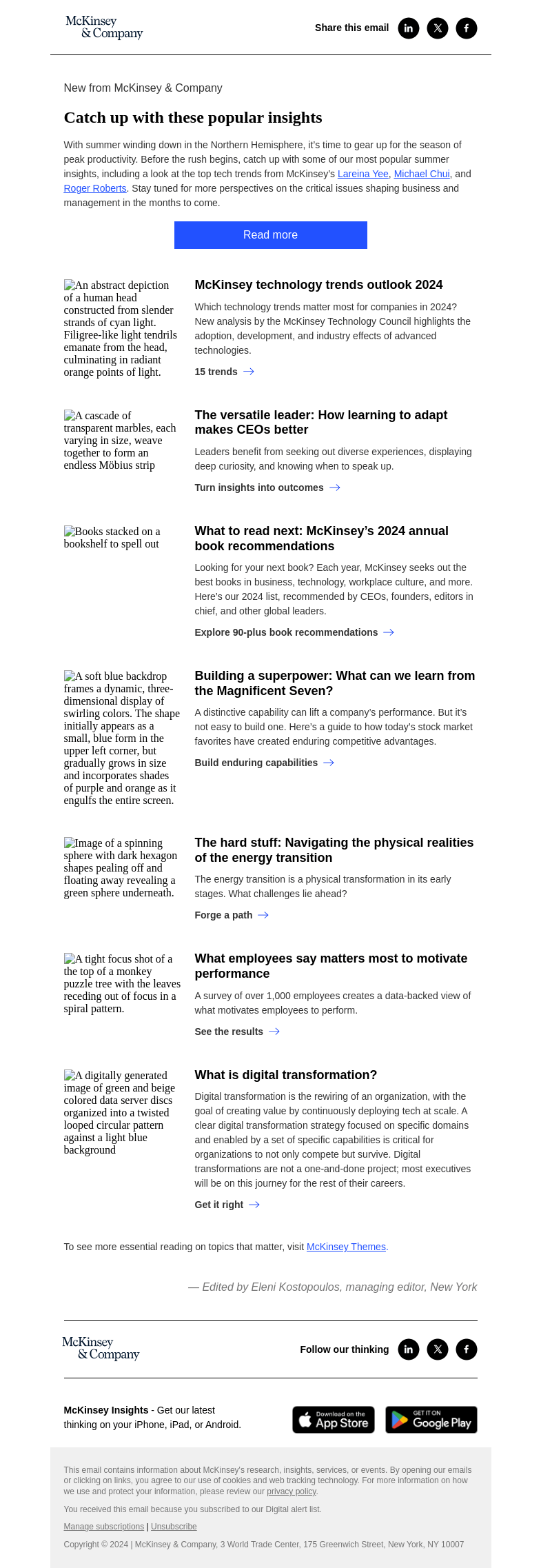 Письмо компании «McKinsey & Company» на тему «Catch up with these popular insights»