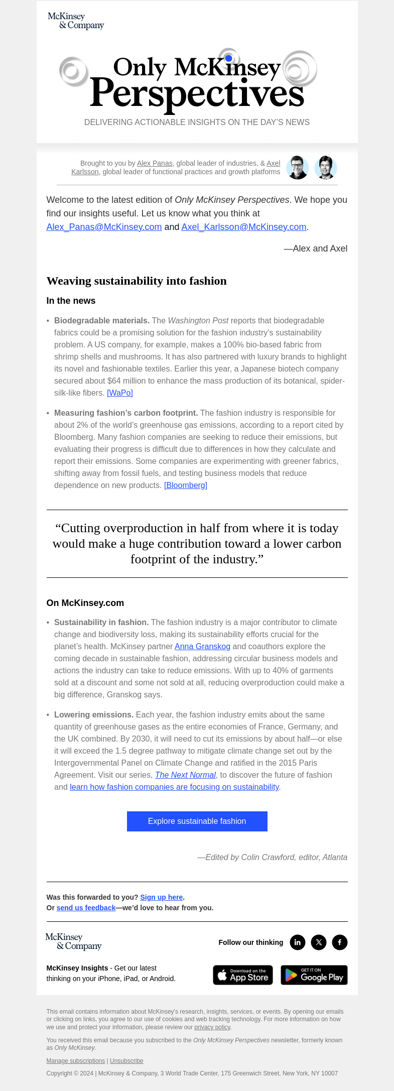 Письмо компании «McKinsey & Company» на тему «Making fashion eco-friendly»