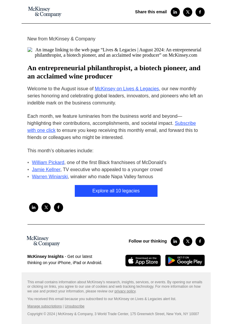 Письмо компании «McKinsey & Company» на тему «An entrepreneurial philanthropist, a biotech pioneer, and an
 acclaimed wine producer»