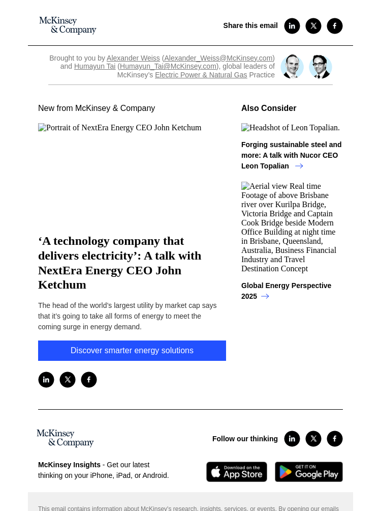 Письмо компании «McKinsey & Company» на тему «‘A technology company that delivers electricity’: A talk with NextEra Energy CEO John Ketchum»
