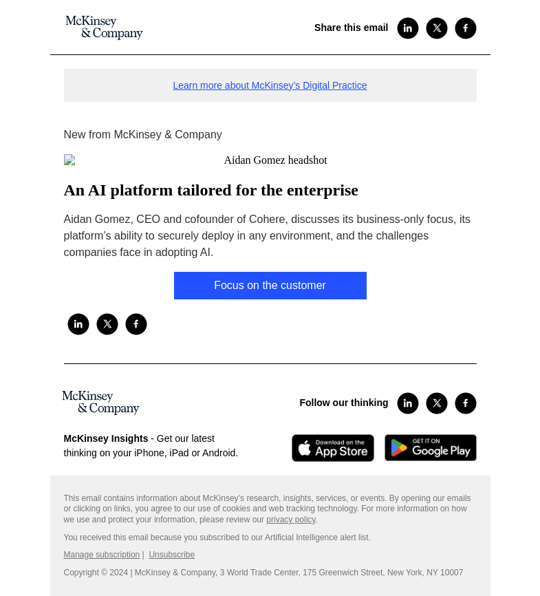 Письмо компании «McKinsey & Company» на тему «An AI platform tailored for the enterprise»