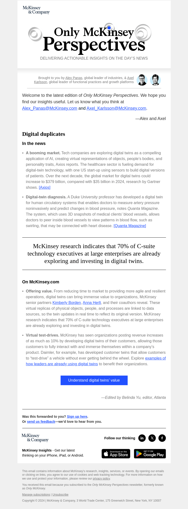 Письмо компании «McKinsey & Company» на тему «How are companies using digital-twin technology?»