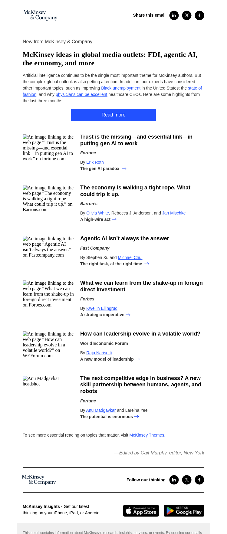 Письмо компании «McKinsey & Company» на тему «McKinsey in global media: FDI, agentic AI, the economy, and more»