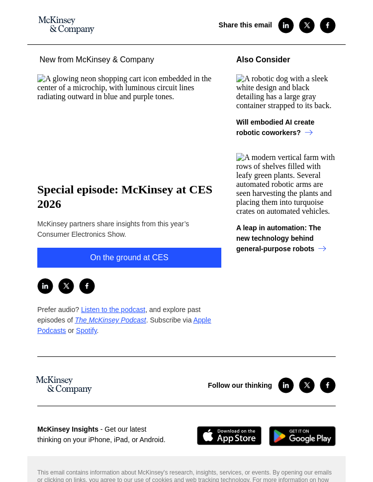 Письмо компании «McKinsey & Company» на тему «Special episode: McKinsey at CES 2026»