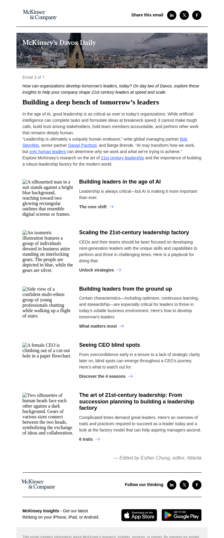Письмо компании «McKinsey & Company» на тему «Davos 2026: How to shape 21st century leaders at speed and scale»