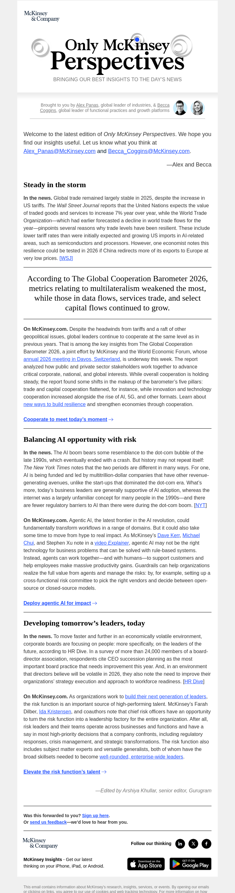 Письмо компании «McKinsey & Company» на тему «Global trade’s cooperation, agentic AI explained, and the 21st-century risk leader»