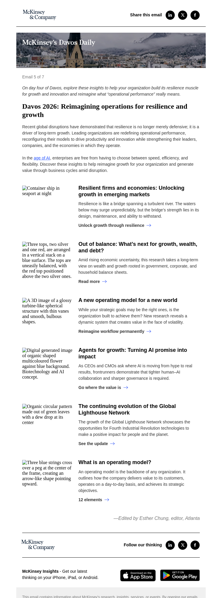 Письмо компании «McKinsey & Company» на тему «Davos 2026: Reimagining operations for resilience and growth»