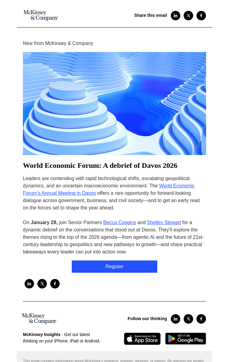 Письмо компании «McKinsey & Company» на тему «You’re invited! Join us for a McKinsey Live virtual event debriefing Davos 2026»