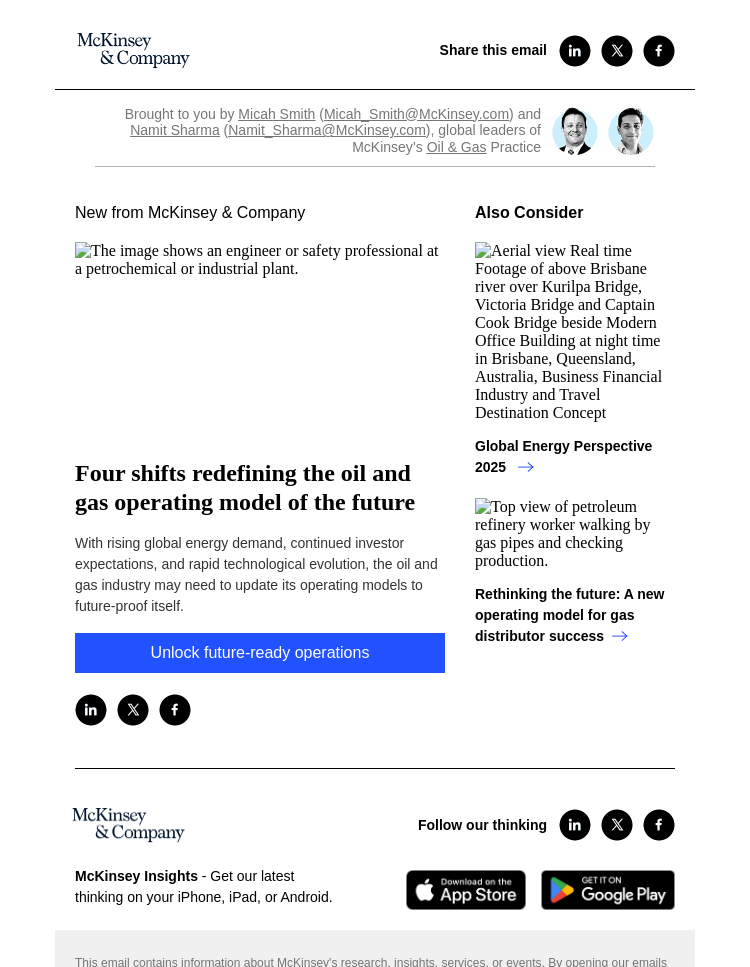 Письмо компании «McKinsey & Company» на тему «Four shifts redefining the oil and gas operating model of the
 future»