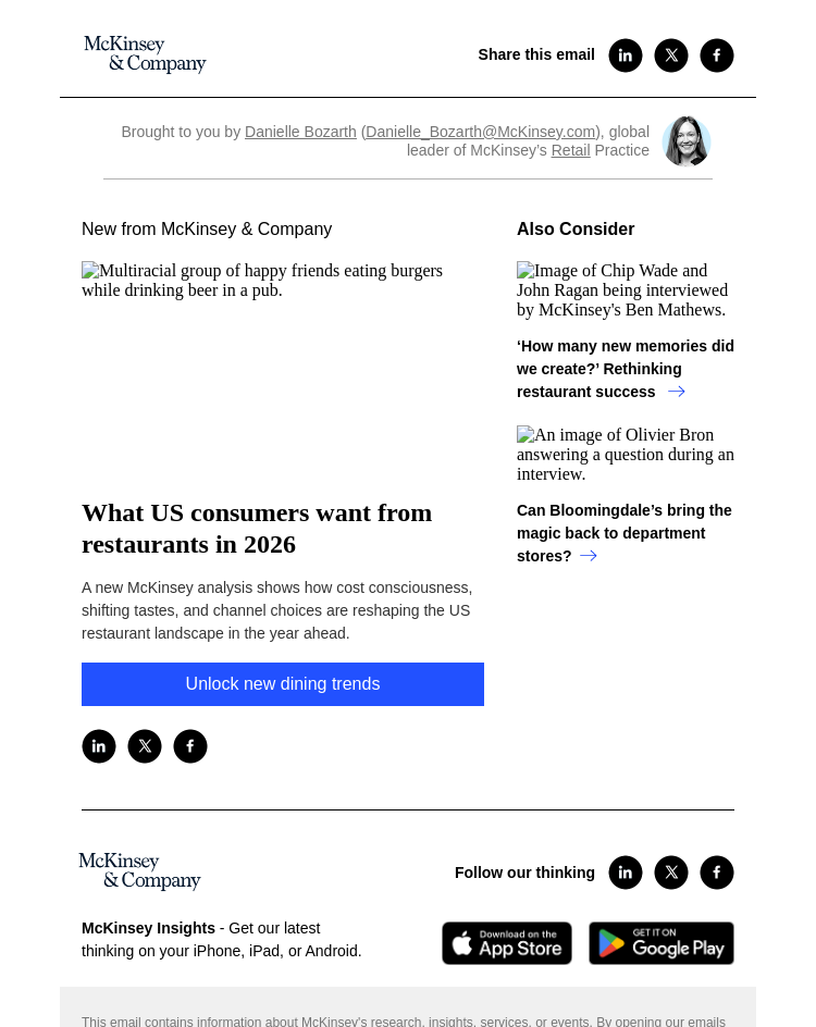 Письмо компании «McKinsey & Company» на тему «What US consumers want from restaurants in 2026»
