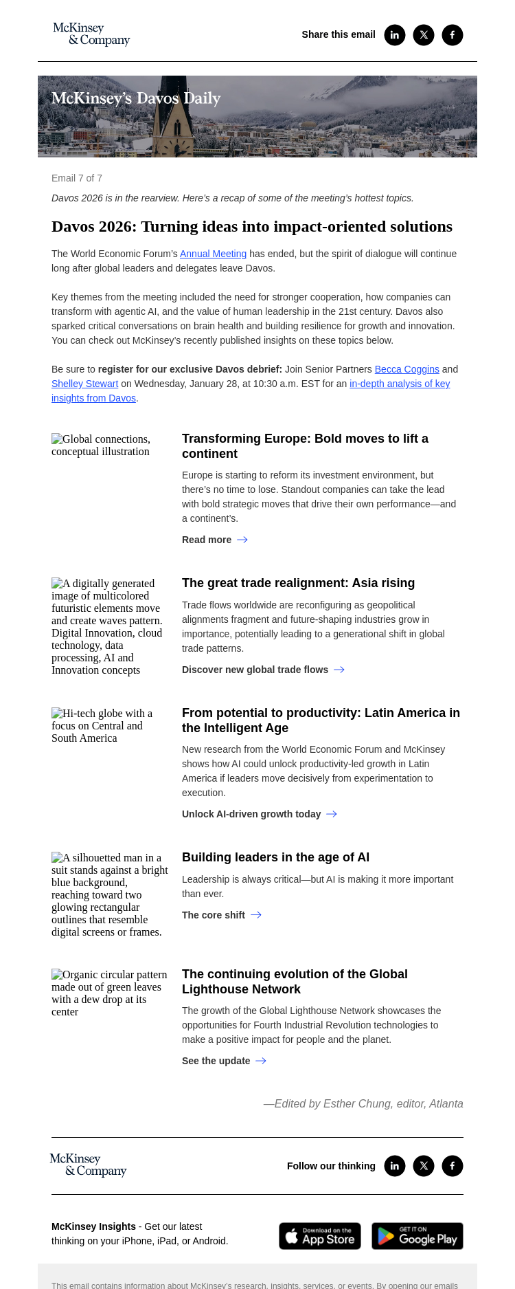 Письмо компании «McKinsey & Company» на тему «Recapping Davos 2026»