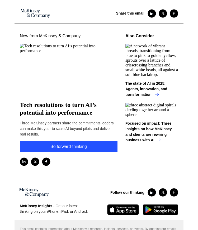 Письмо компании «McKinsey & Company» на тему «Tech resolutions to turn AI’s potential into performance»