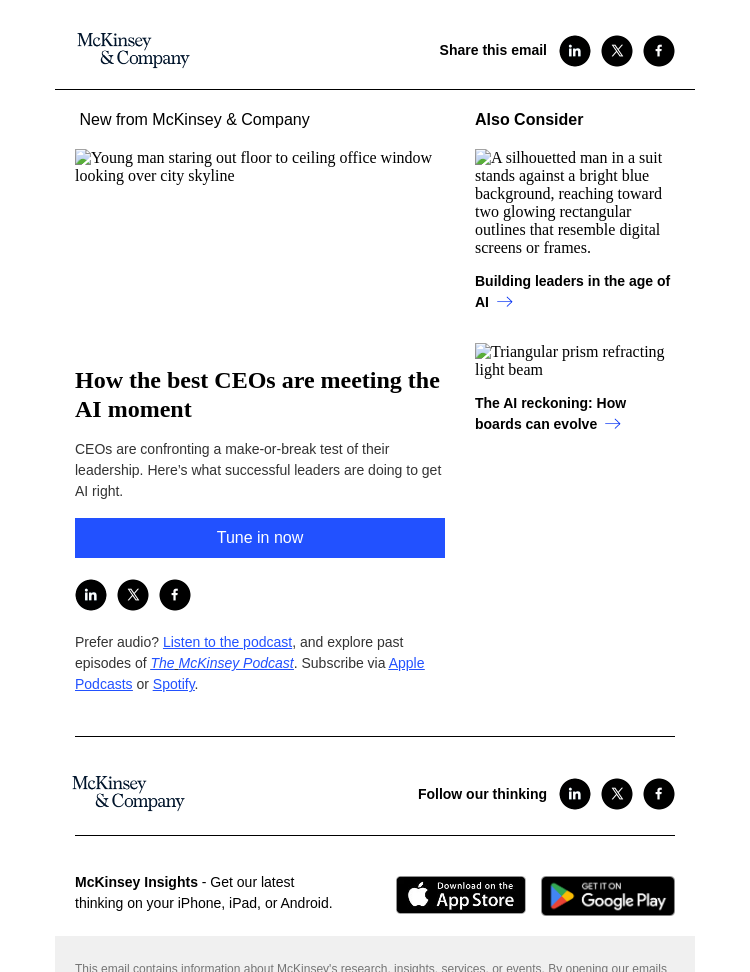 Письмо компании «McKinsey & Company» на тему «How the best CEOs are meeting the AI moment»