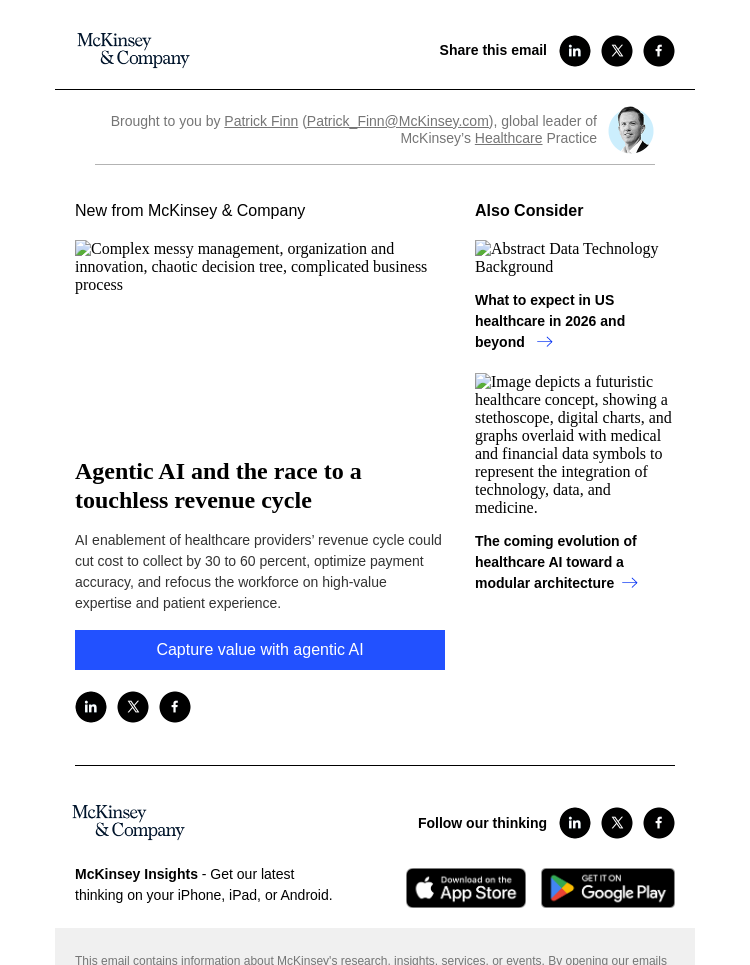 Письмо компании «McKinsey & Company» на тему «Agentic AI and the race to a touchless revenue cycle»