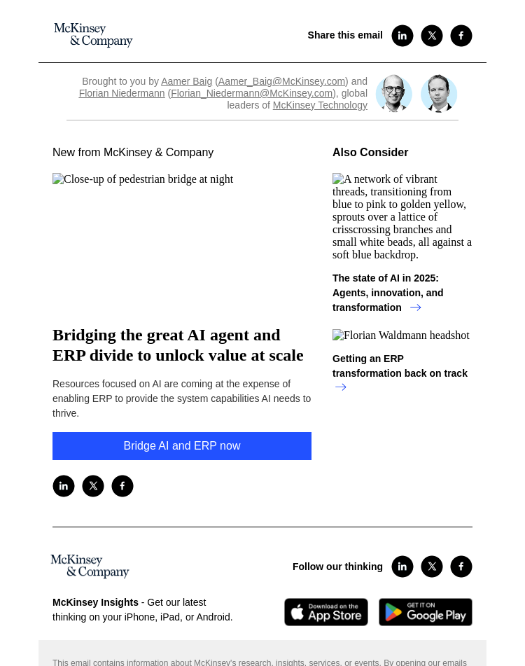 Письмо компании «McKinsey & Company» на тему «Bridging the great AI agent and ERP divide to unlock value at scale»