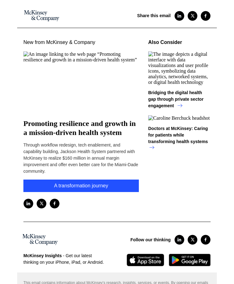 Письмо компании «McKinsey & Company» на тему «Promoting resilience and growth in a mission-driven health system»