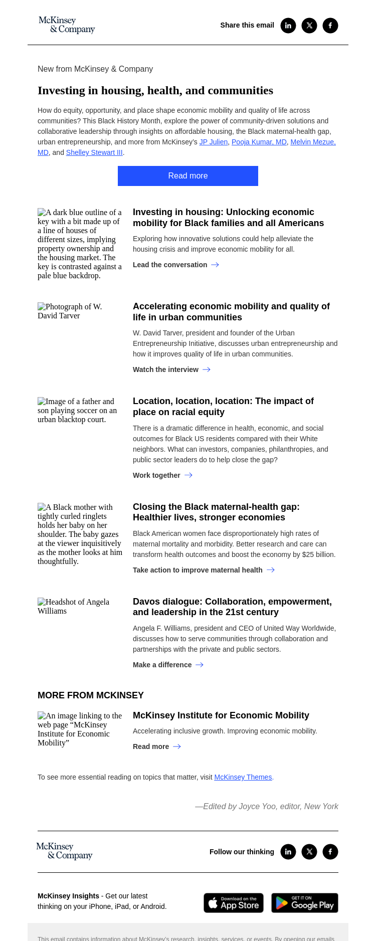 Письмо компании «McKinsey & Company» на тему «Investing in housing, health, and communities»