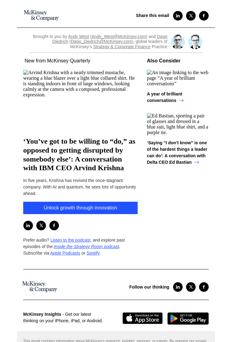 Письмо компании «McKinsey & Company» на тему «‘You’ve got to be willing to “do,” as opposed to getting disrupted by somebody else’: A conversation with IBM CEO Arvind Krishna»