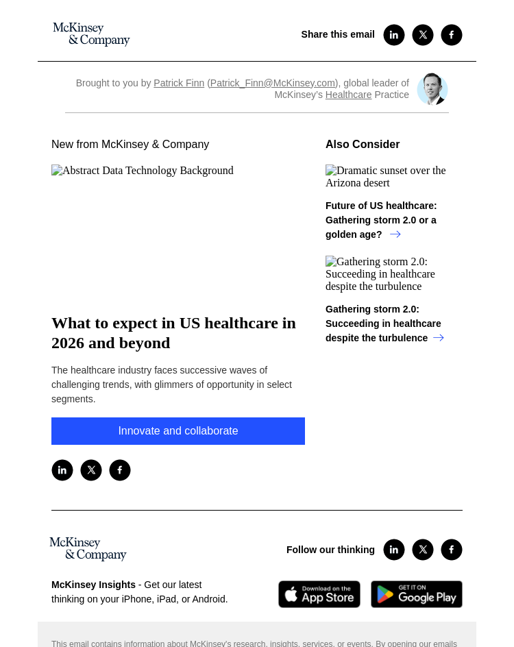 Письмо компании «McKinsey & Company» на тему «What to expect in US healthcare in 2026 and beyond»