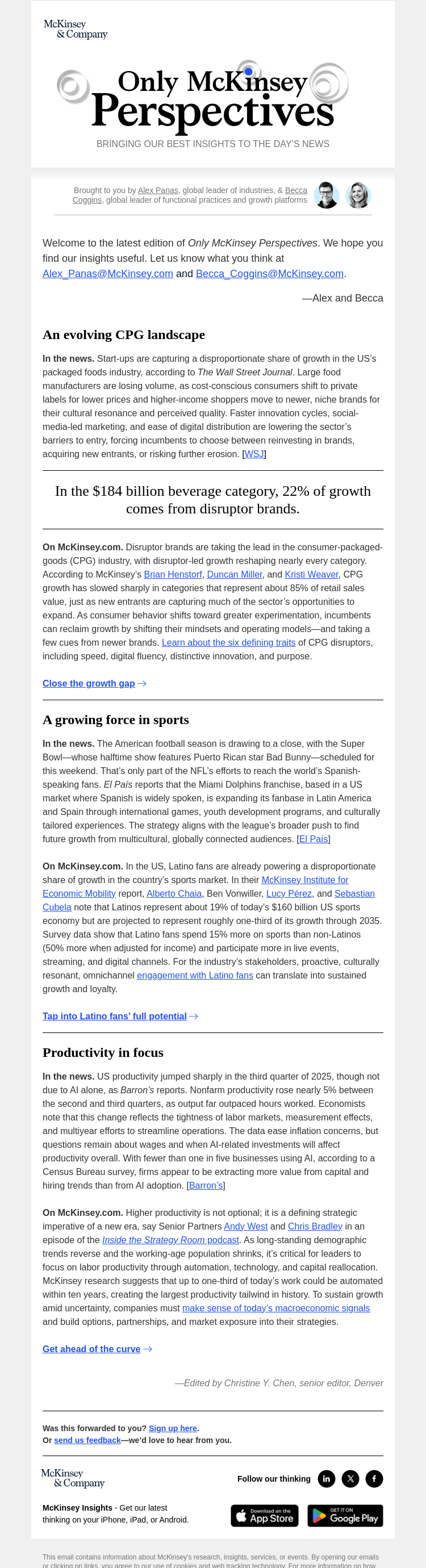 Письмо компании «McKinsey & Company» на тему «How CPG disruptors, Latino sports fans, and productivity are
 reshaping growth»