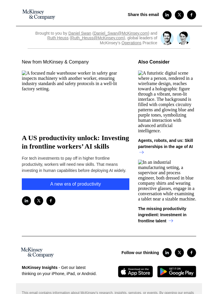 Письмо компании «McKinsey & Company» на тему «A US productivity unlock: Investing in frontline workers’ AI skills»