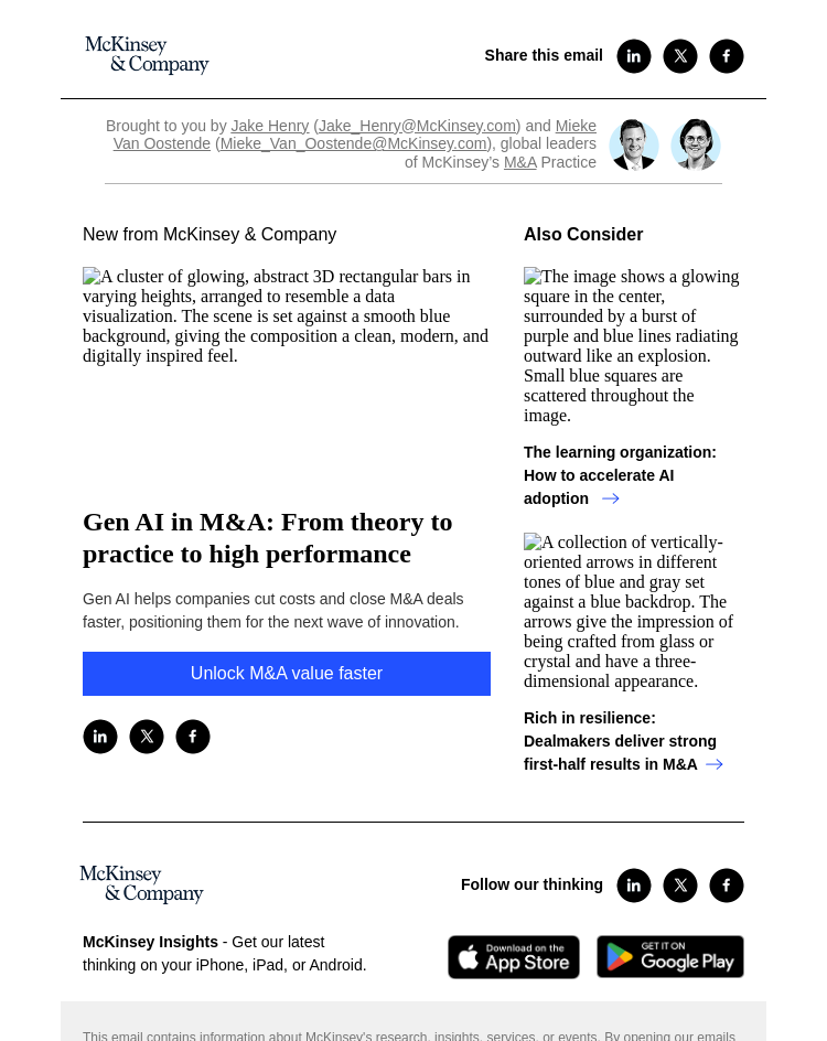 Письмо компании «McKinsey & Company» на тему «Gen AI in M&A: From theory to practice to high performance»