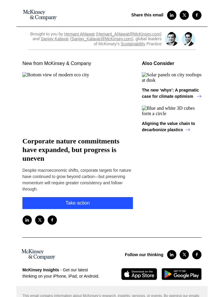Письмо компании «McKinsey & Company» на тему «Corporate nature commitments have expanded, but progress is uneven»