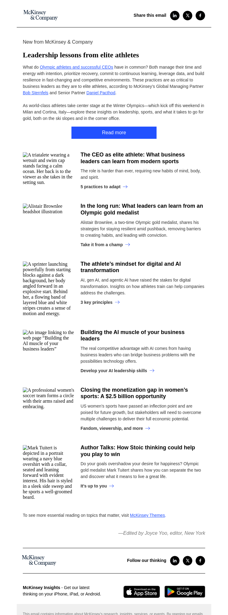 Письмо компании «McKinsey & Company» на тему «Leadership lessons from elite athletes»