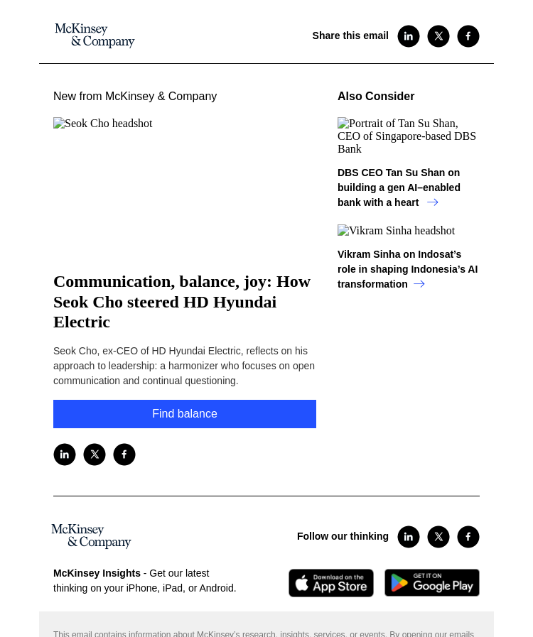 Письмо компании «McKinsey & Company» на тему «Communication, balance, joy: How Seok Cho steered HD Hyundai
 Electric»