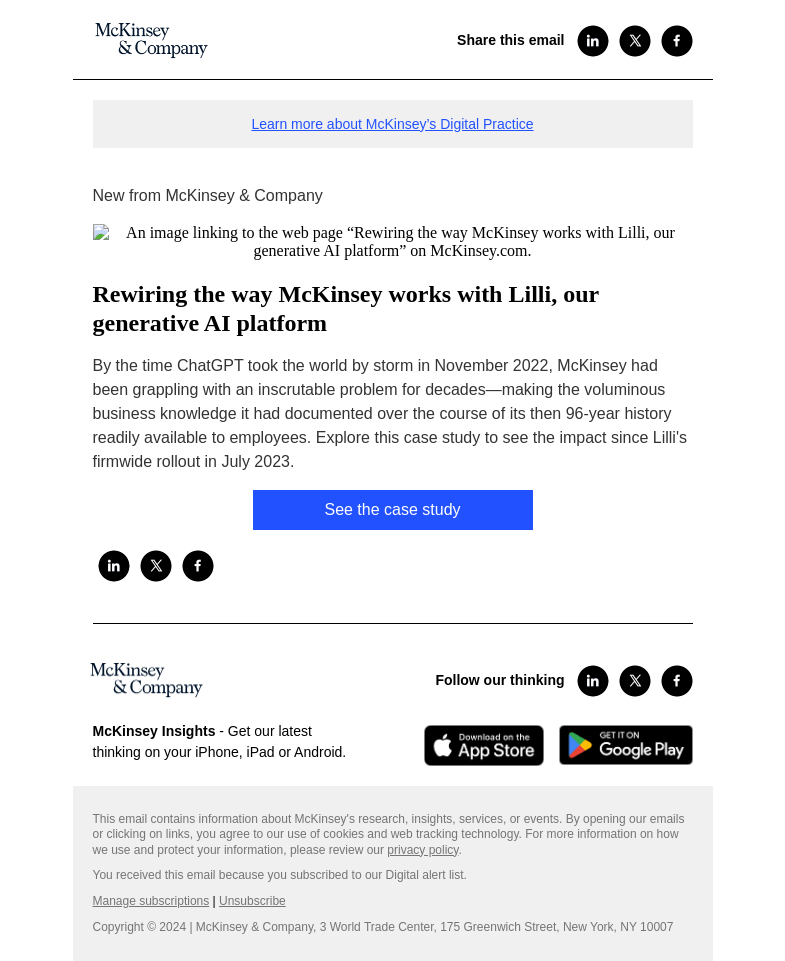Письмо компании «McKinsey & Company» на тему «Rewiring the way McKinsey works with Lilli, our generative AI
 platform»