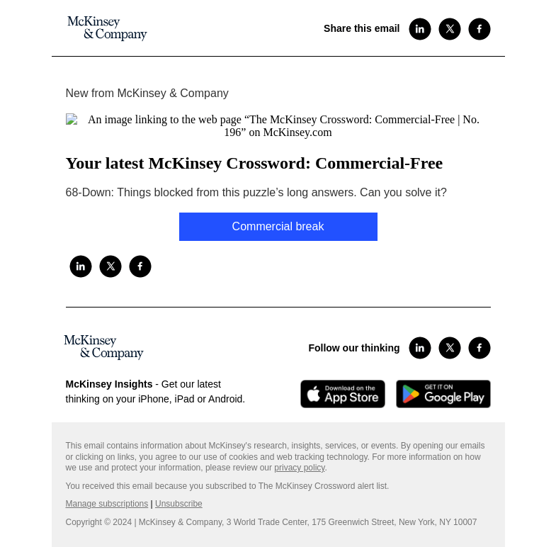 Письмо компании «McKinsey & Company» на тему «Your latest McKinsey Crossword: Commercial-Free»