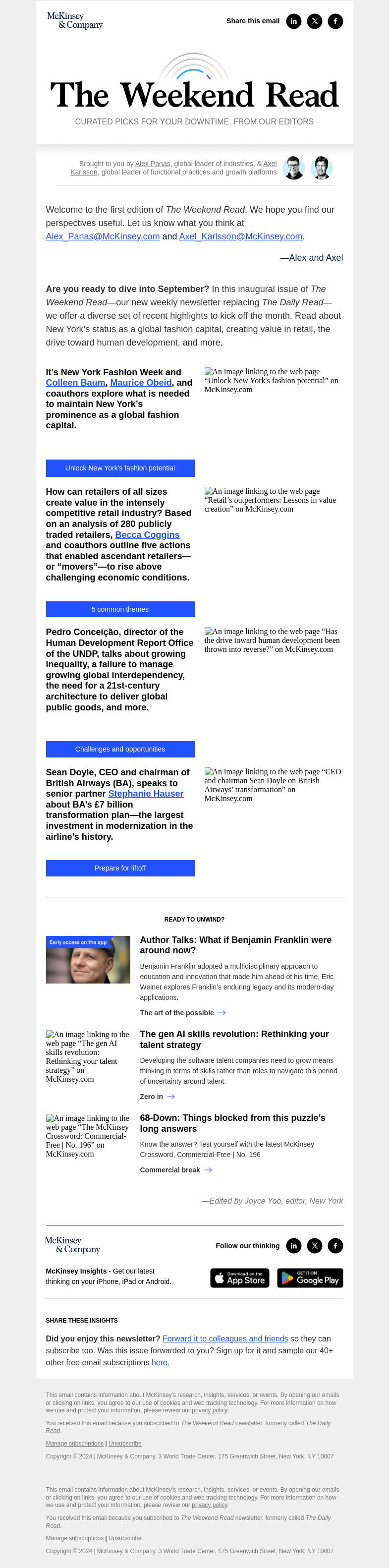 Письмо компании «McKinsey & Company» на тему «New York as a global fashion capital, creating value in retail, the
 drive toward human development, and more: The Weekend Read»