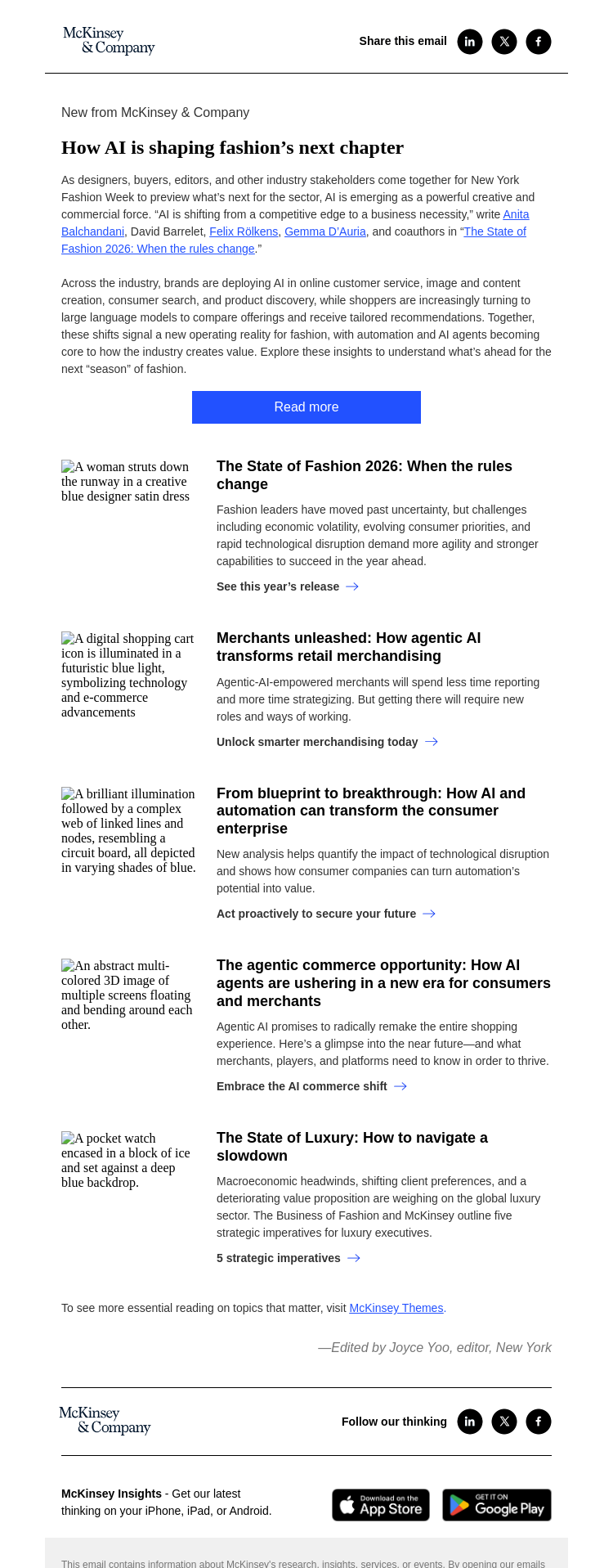 Письмо компании «McKinsey & Company» на тему «How AI is shaping fashion’s next chapter»