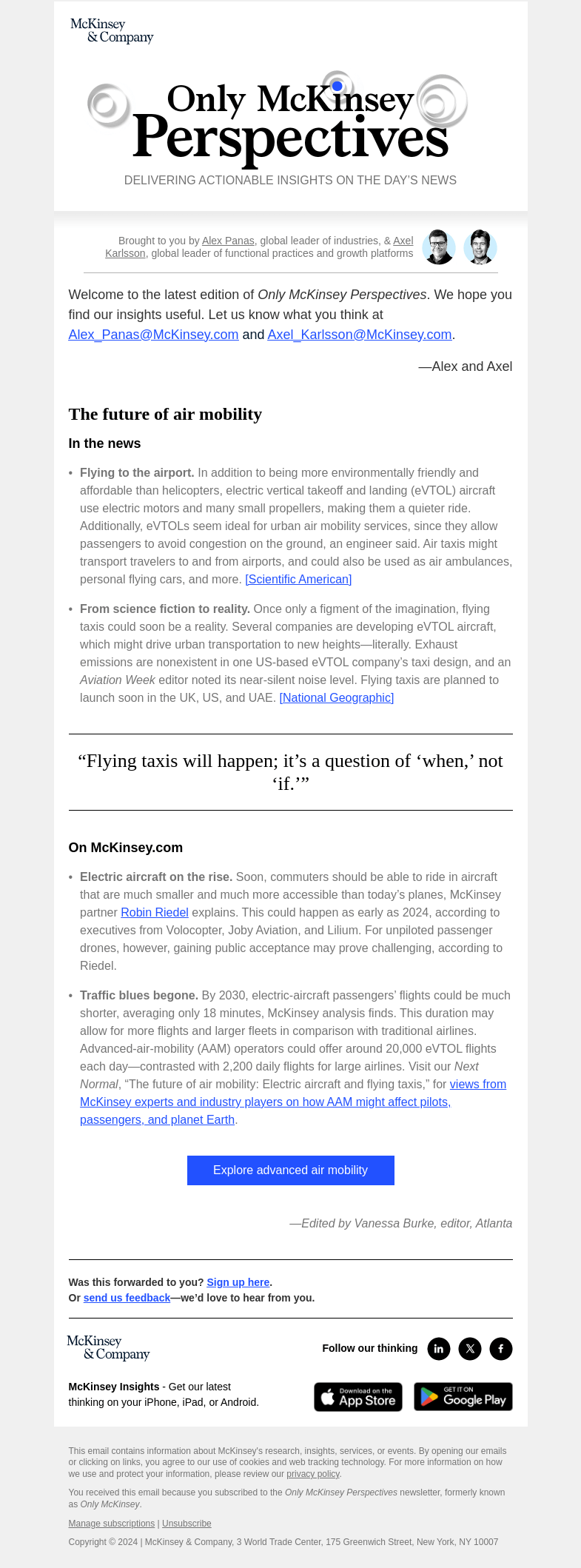 Письмо компании «McKinsey & Company» на тему «Flying taxis in 2030?»