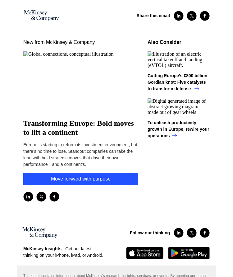 Письмо компании «McKinsey & Company» на тему «Transforming Europe: Bold moves to lift a continent»