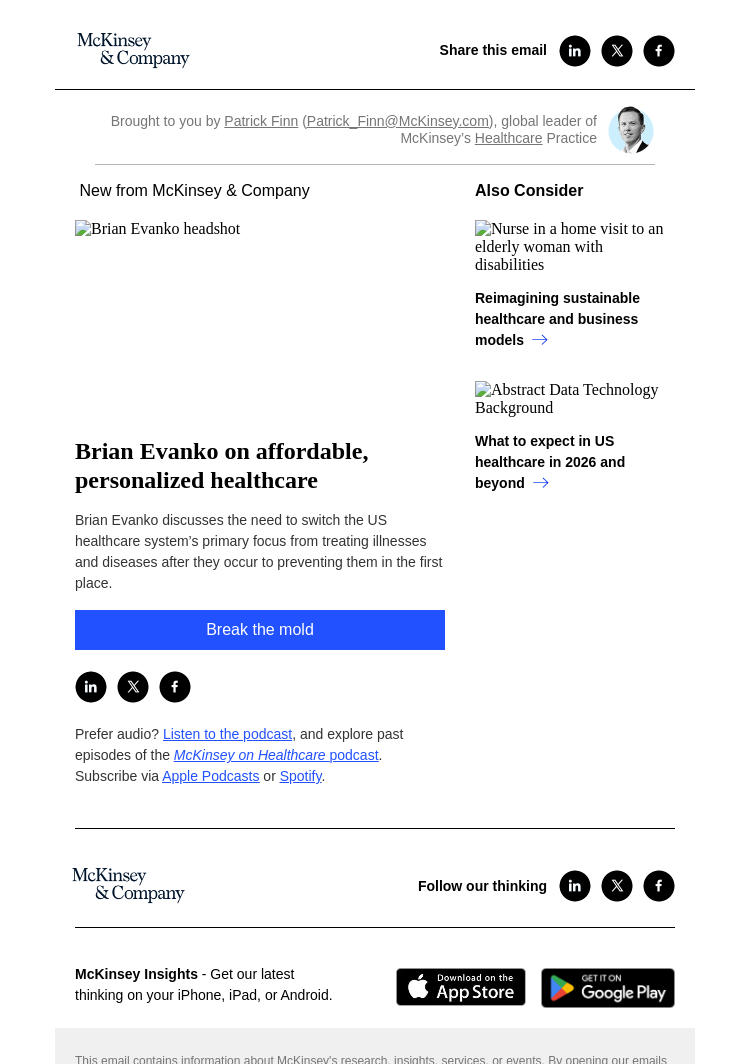 Письмо компании «McKinsey & Company» на тему «Brian Evanko on affordable, personalized healthcare»