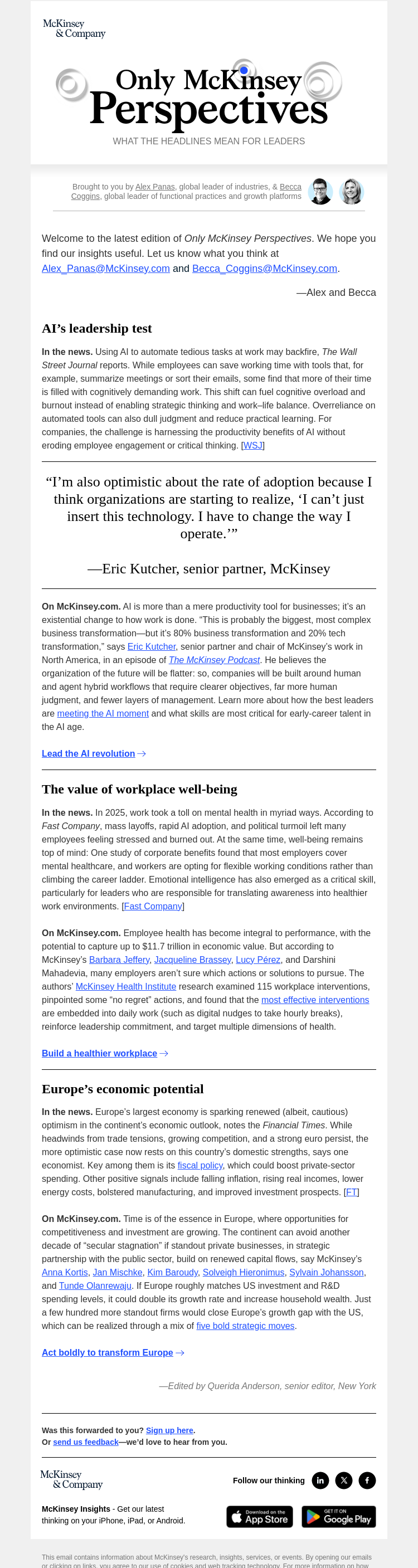 Письмо компании «McKinsey & Company» на тему «Balancing AI’s promise and pitfalls. Plus, a practical approach to well-being at work and a path to European prosperity»
