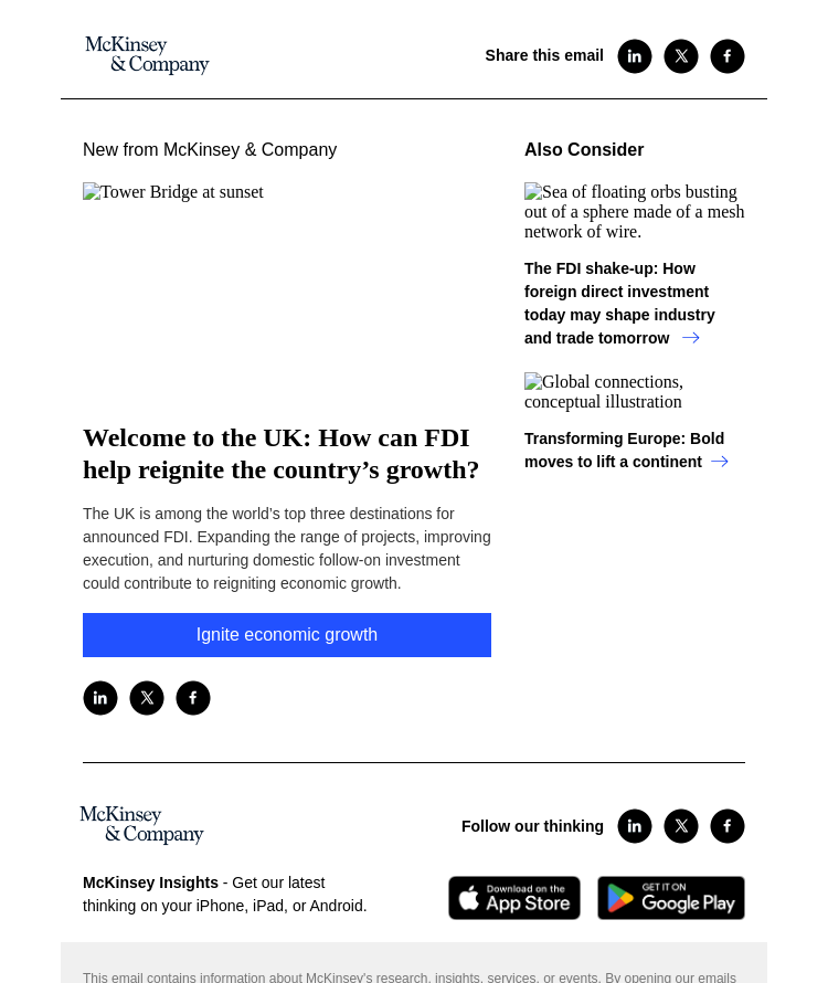 Письмо компании «McKinsey & Company» на тему «Welcome to the UK: How can FDI help reignite the country’s growth?»