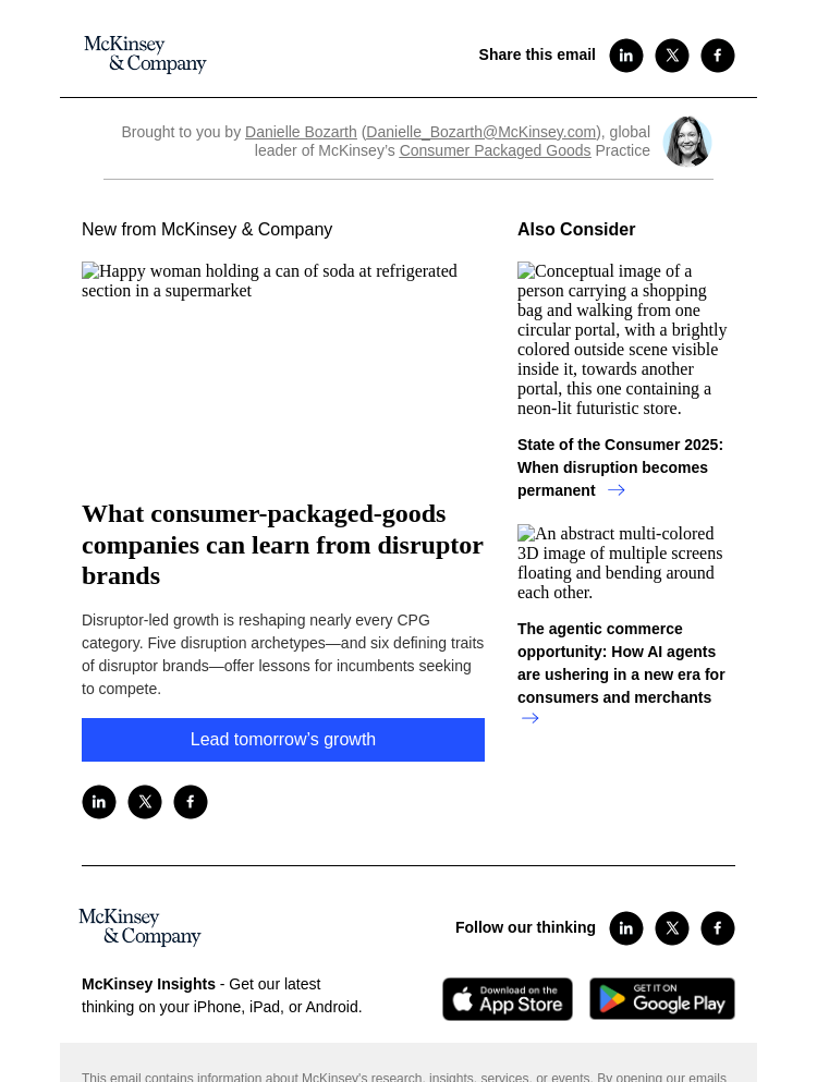 Письмо компании «McKinsey & Company» на тему «What consumer-packaged-goods companies can learn from disruptor
 brands»