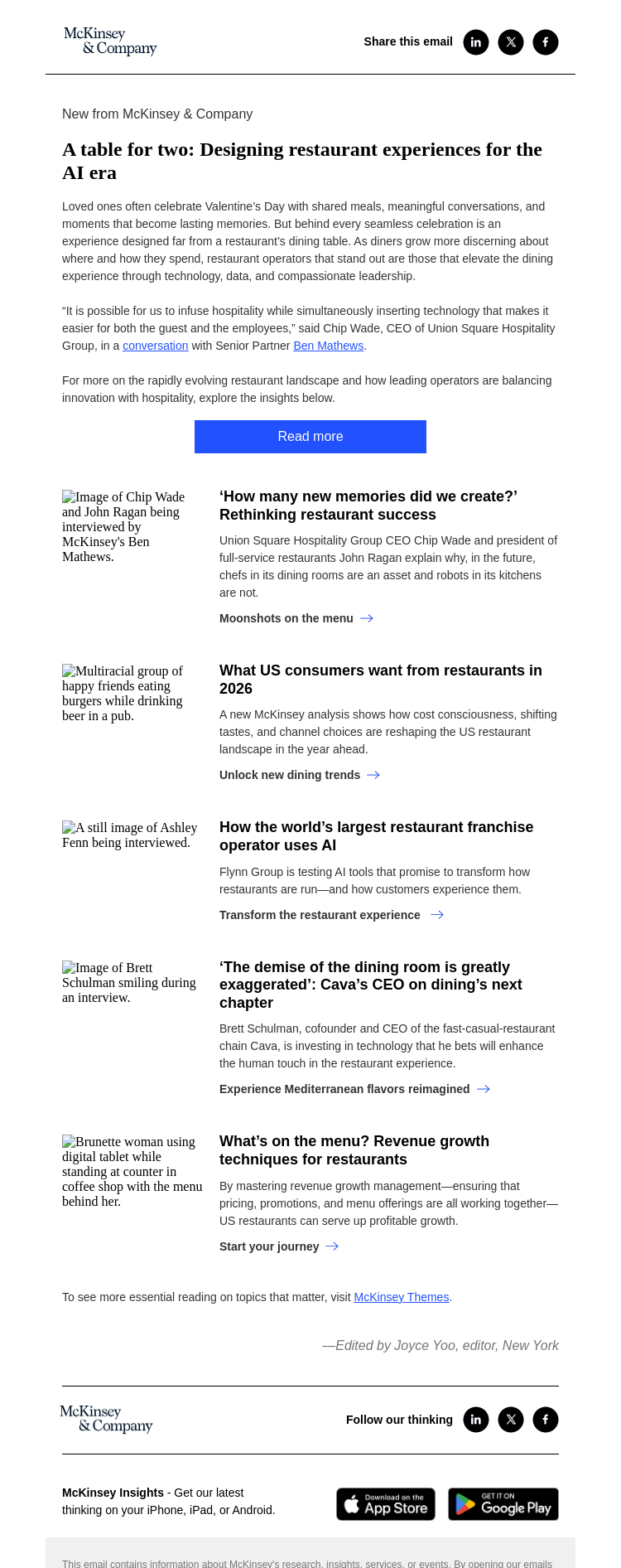 Письмо компании «McKinsey & Company» на тему «A table for two: Designing restaurant experiences for the AI era»