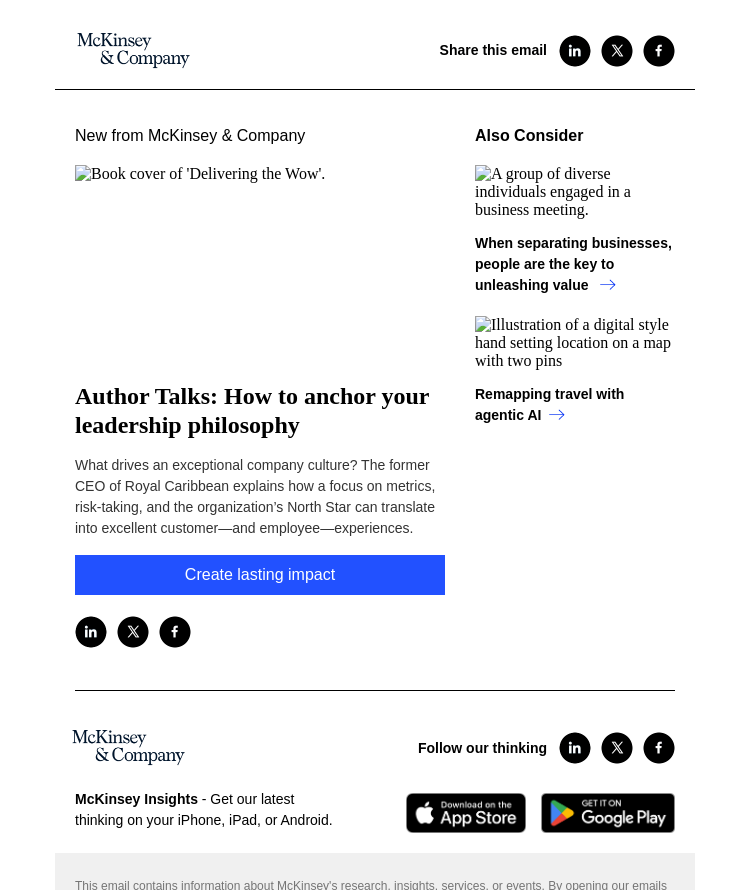 Письмо компании «McKinsey & Company» на тему «Author Talks: How to anchor your leadership philosophy»