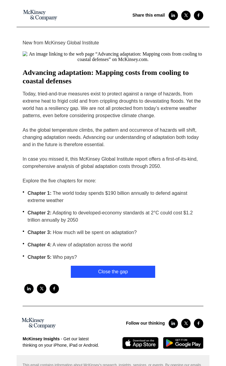 Письмо компании «McKinsey & Company» на тему «Advancing adaptation: Mapping costs from cooling to coastal
 defenses»