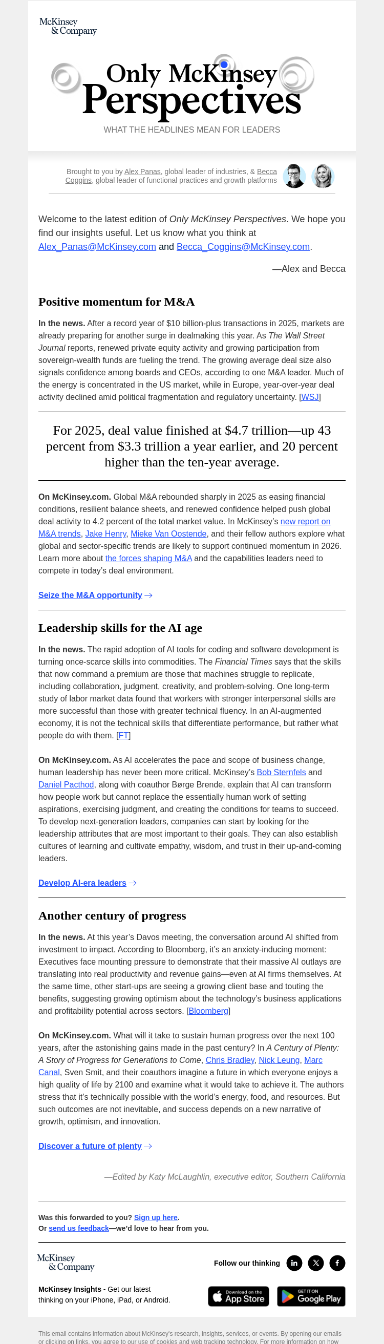 Письмо компании «McKinsey & Company» на тему «Global M&A regains momentum. Plus, why AI-era leadership needs a
 human touch and why a century of plenty lies within reach»