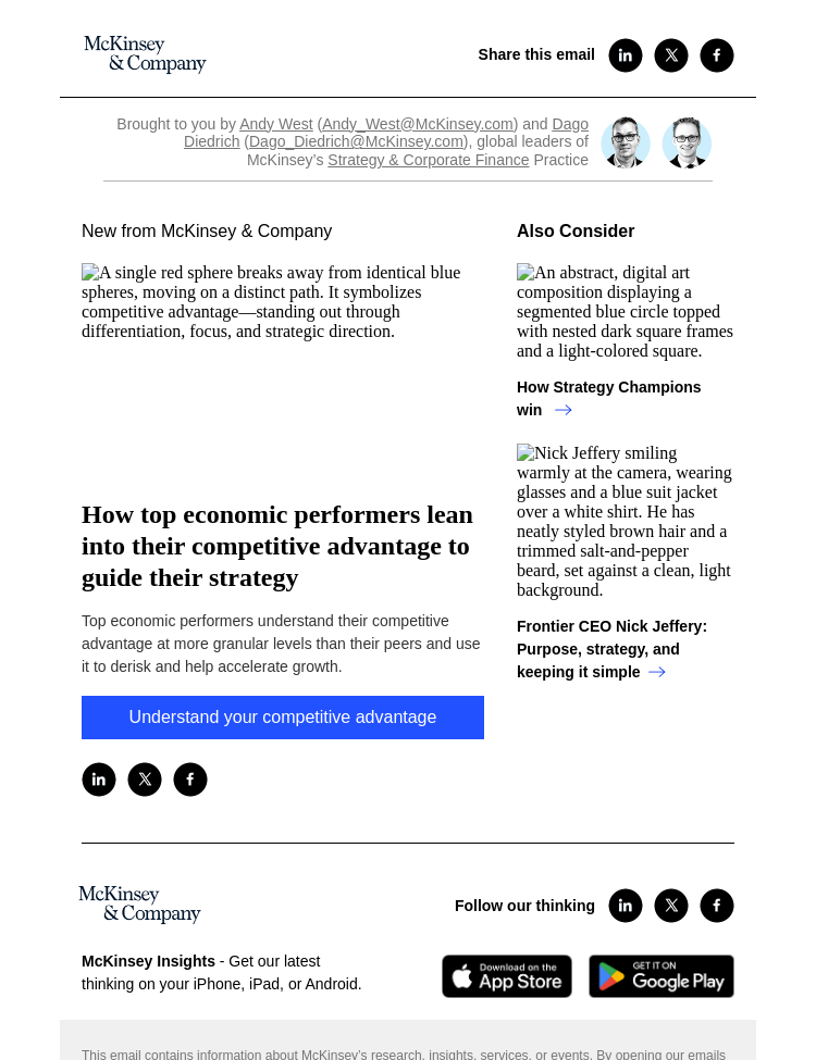 Письмо компании «McKinsey & Company» на тему «How top economic performers lean into their competitive advantage
 to guide their strategy»
