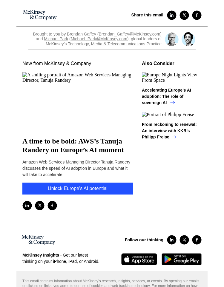 Письмо компании «McKinsey & Company» на тему «A time to be bold: AWS’s Tanuja Randery on Europe’s AI moment»