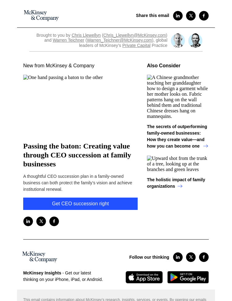 Письмо компании «McKinsey & Company» на тему «Passing the baton: Creating value through CEO succession at family
 businesses»