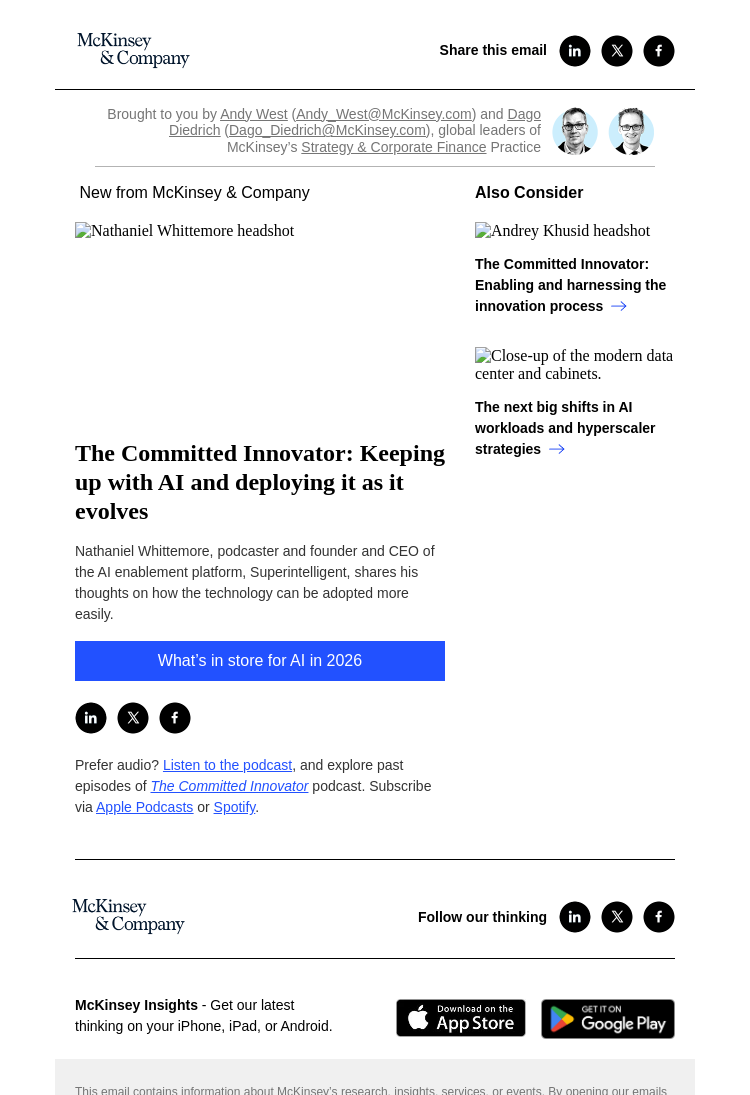 Письмо компании «McKinsey & Company» на тему «The Committed Innovator: Keeping up with AI and deploying it as it
 evolves»