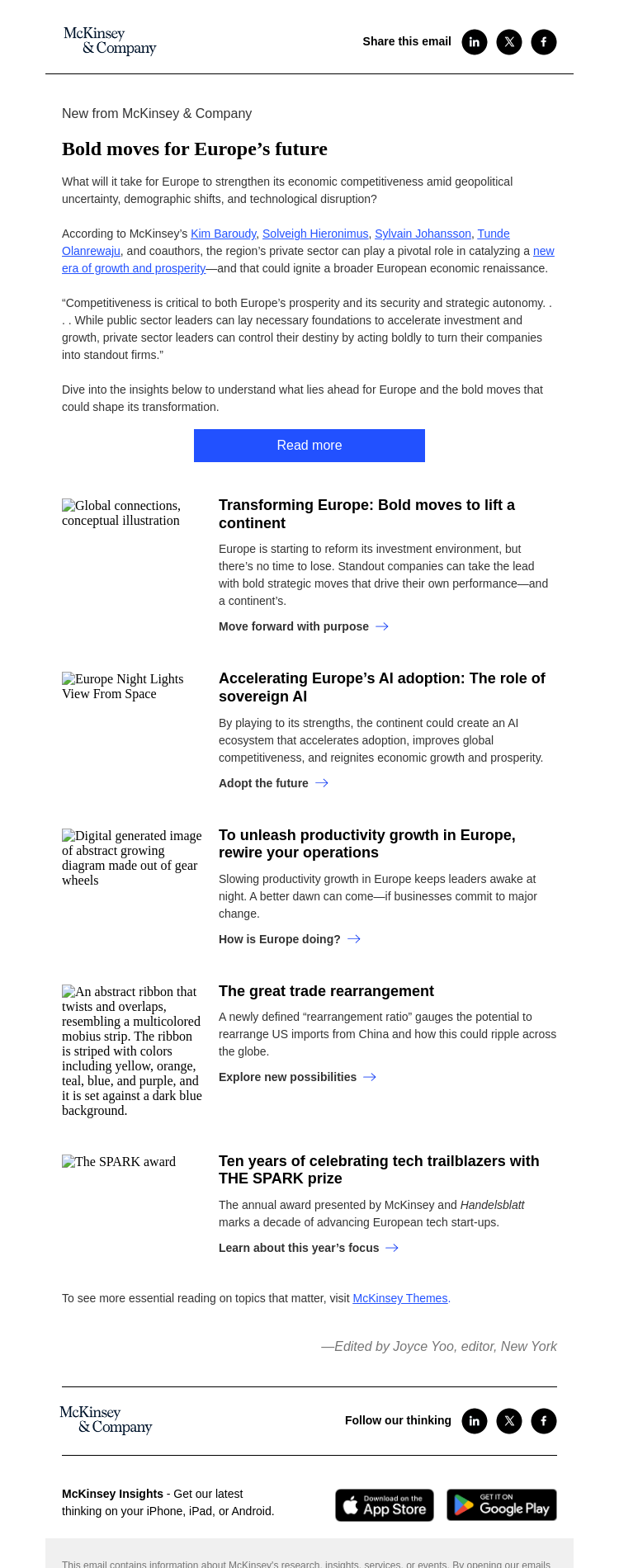 Письмо компании «McKinsey & Company» на тему «Bold moves for Europe’s future»