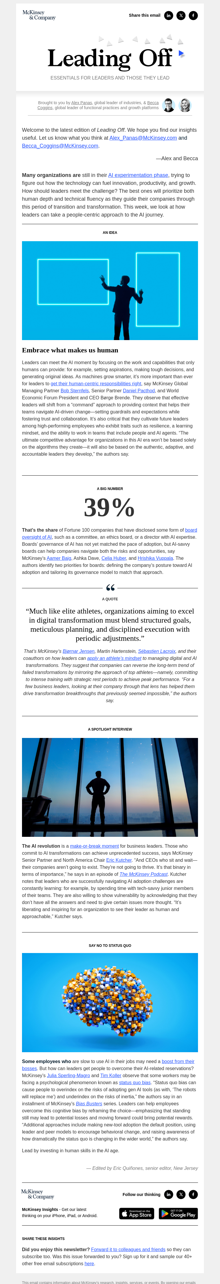 Письмо компании «McKinsey & Company» на тему «A leader’s guide to navigating AI with a human touch»
