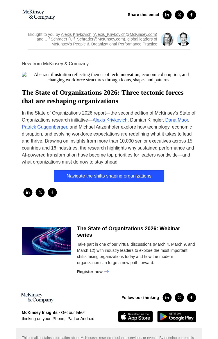 Письмо компании «McKinsey & Company» на тему «The State of Organizations 2026: Three tectonic forces that are
 reshaping organizations»